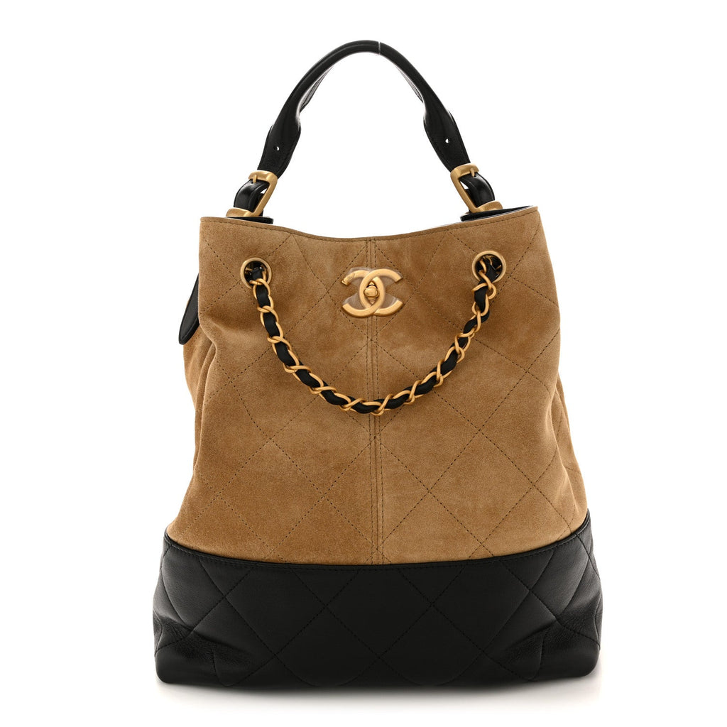 Suede Calfskin Shiny Lambskin Quilted Coco Base Shopping Bag Beige Black