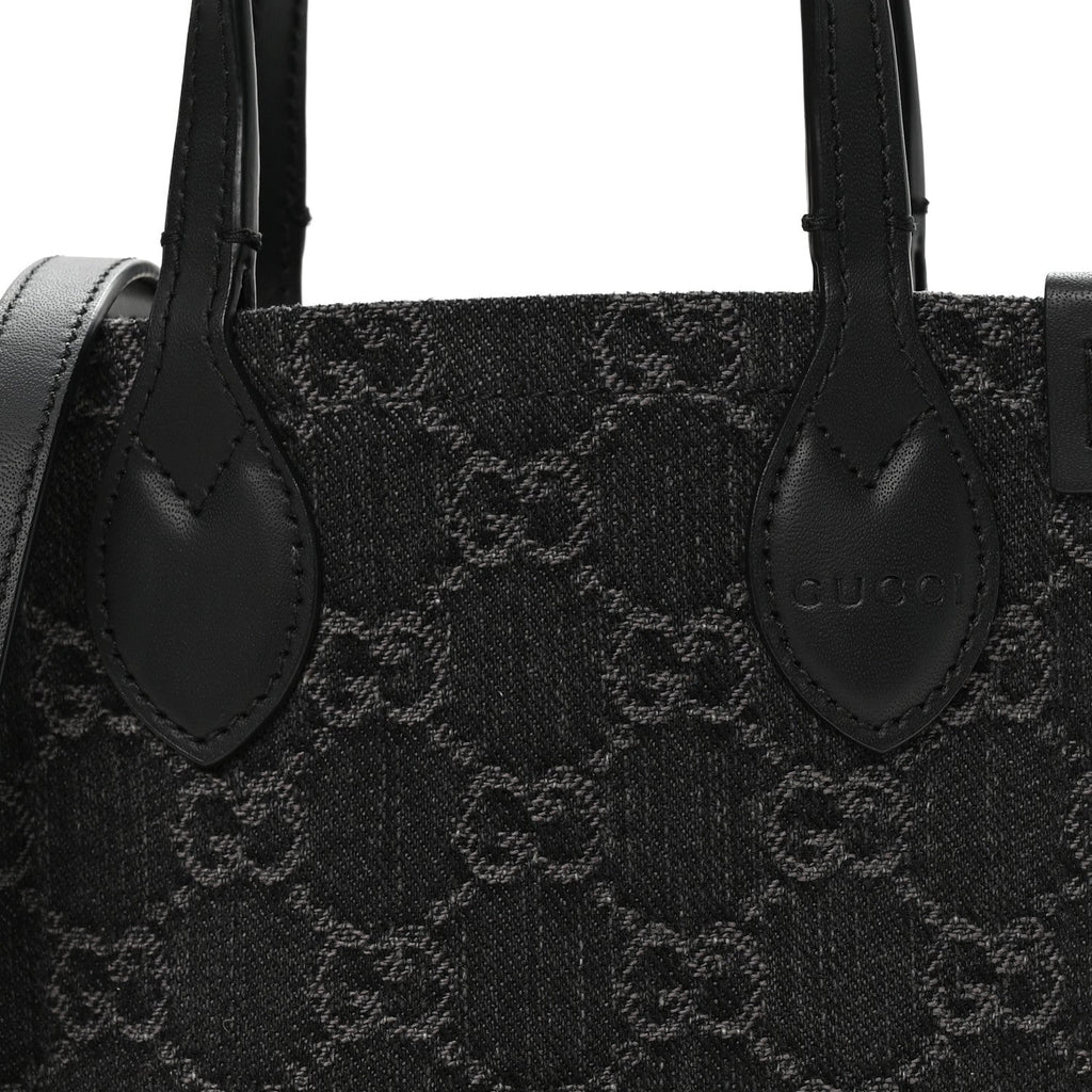 Denim GG Monogram Calfskin Mini Ophidia Tote Bag Black