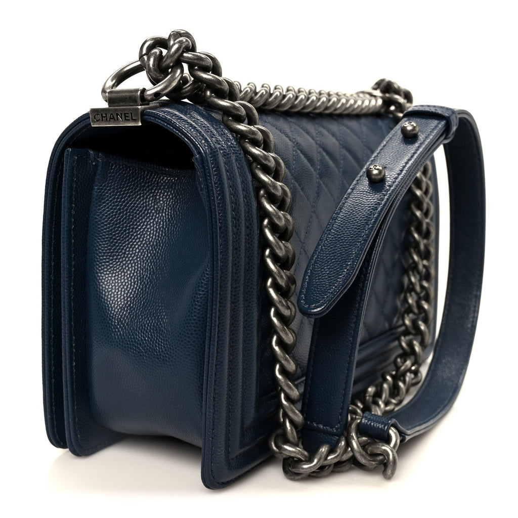 Caviar Quilted Medium Boy Flap Dark Navy Blue