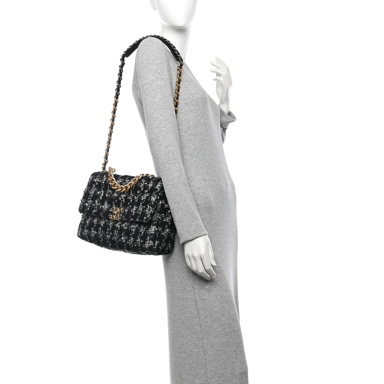 Tweed Quilted Large Chanel 19 Flap Black Silver Ecru