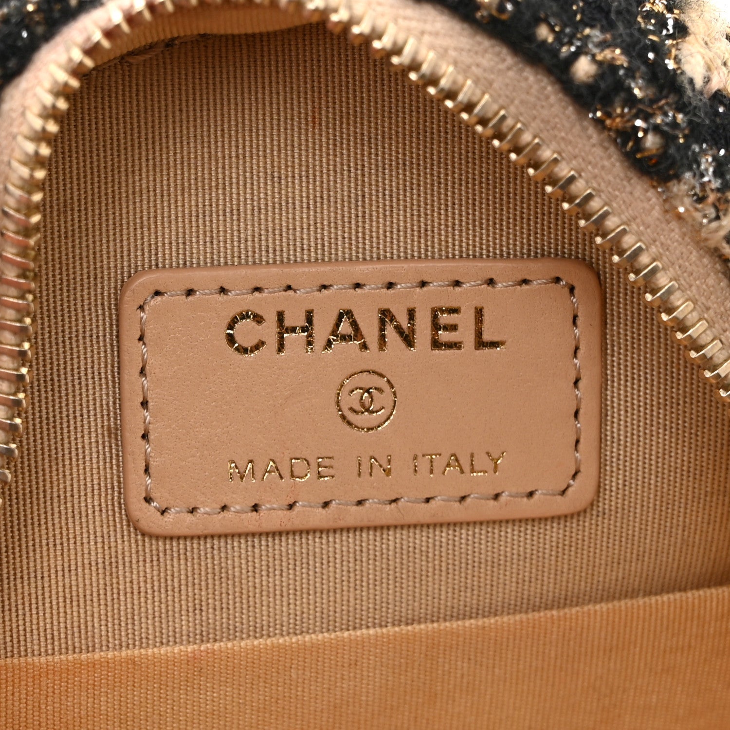 Wool Tweed Lambskin Quilted Chanel 19 Round Clutch With Chain and Coin Purse Beige Black
