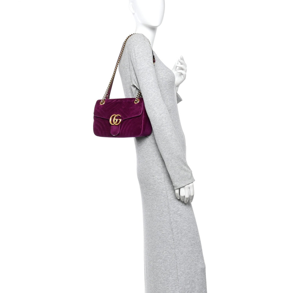 Velvet Matelasse Small GG Marmont Shoulder Bag Fuchsia Violet Cyclamen