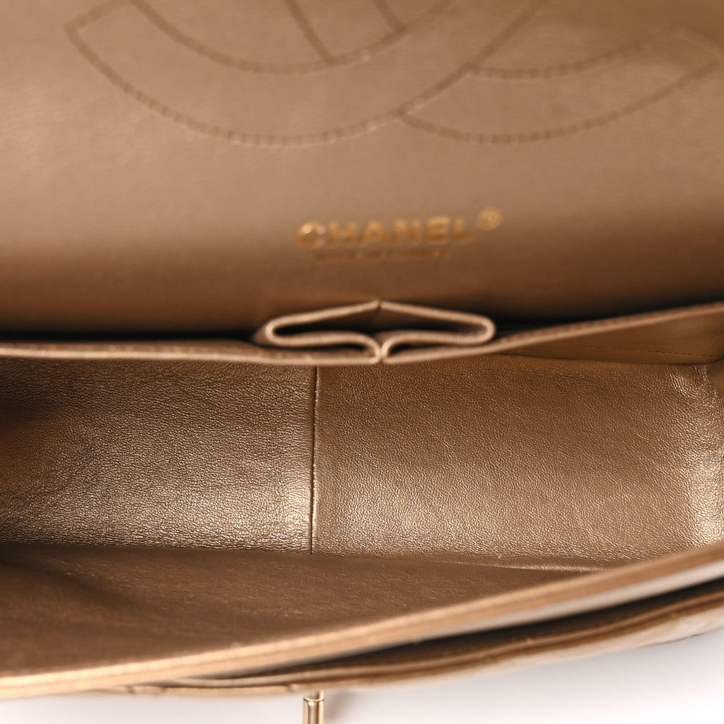Metallic Lambskin Quilted Jumbo Double Flap Khaki