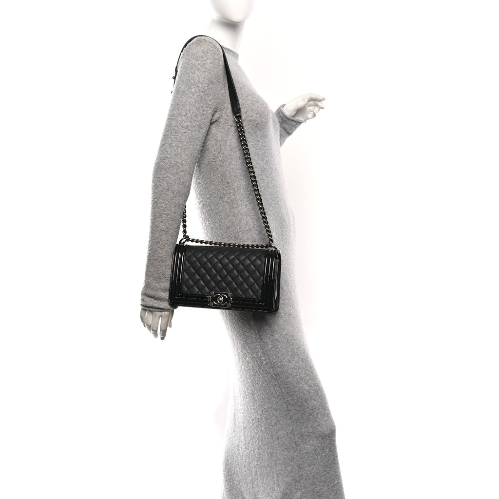 Goatskin Quilted Patent Medium Duo Boy Flap Black