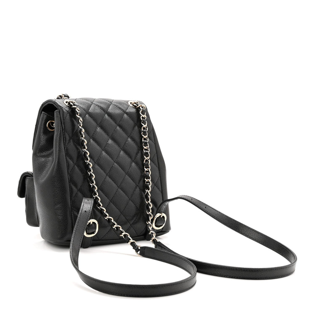 Shiny Caviar Quilted Medium Duma Pockets Drawstring Backpack Black