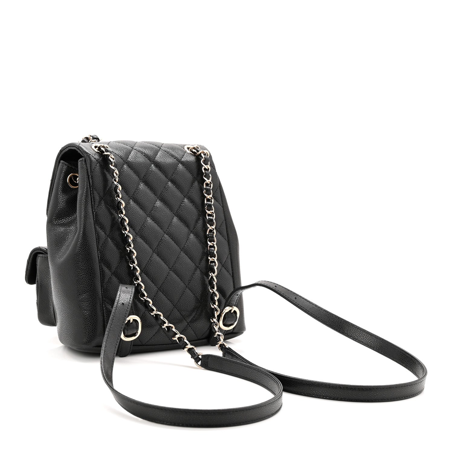 Shiny Caviar Quilted Medium Duma Pockets Drawstring Backpack Black