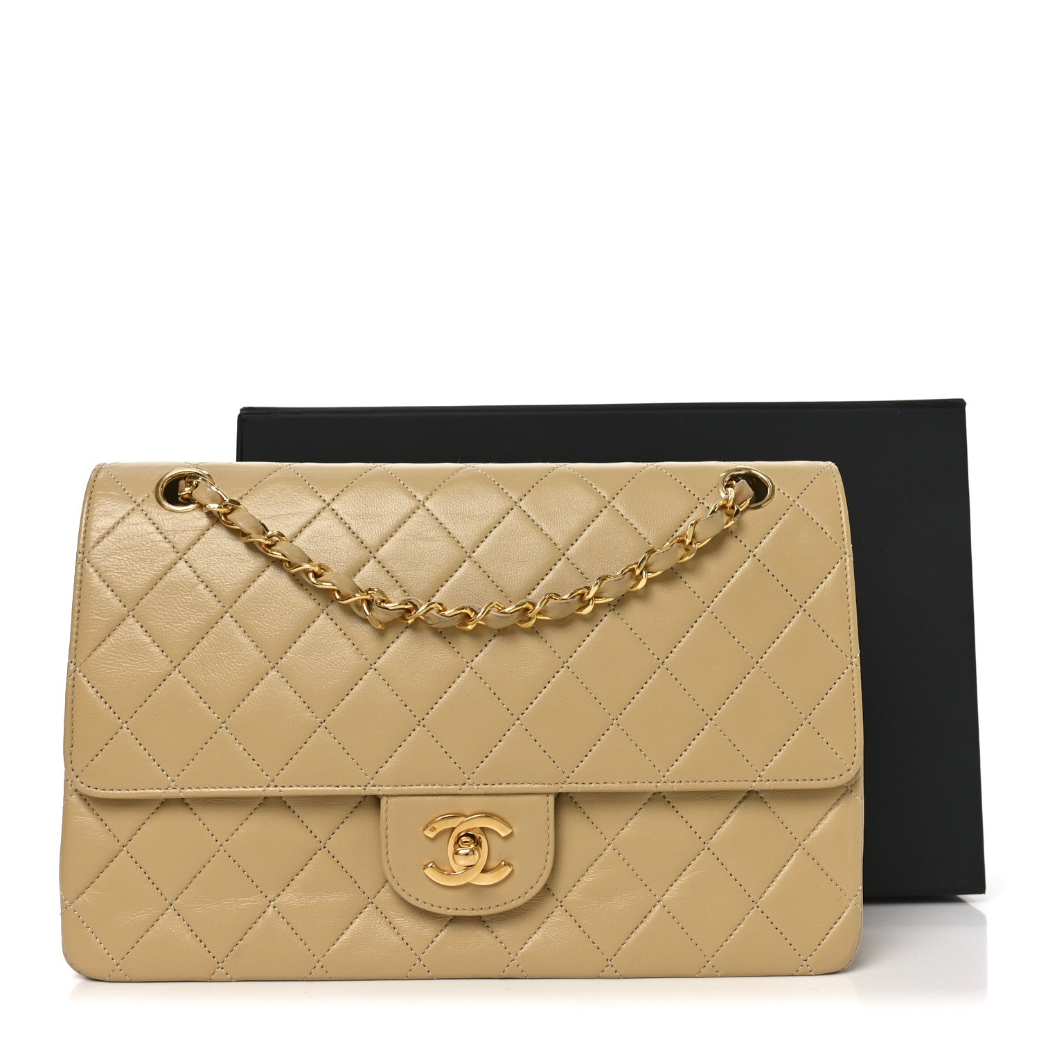 Lambskin Quilted Medium Double Flap Beige