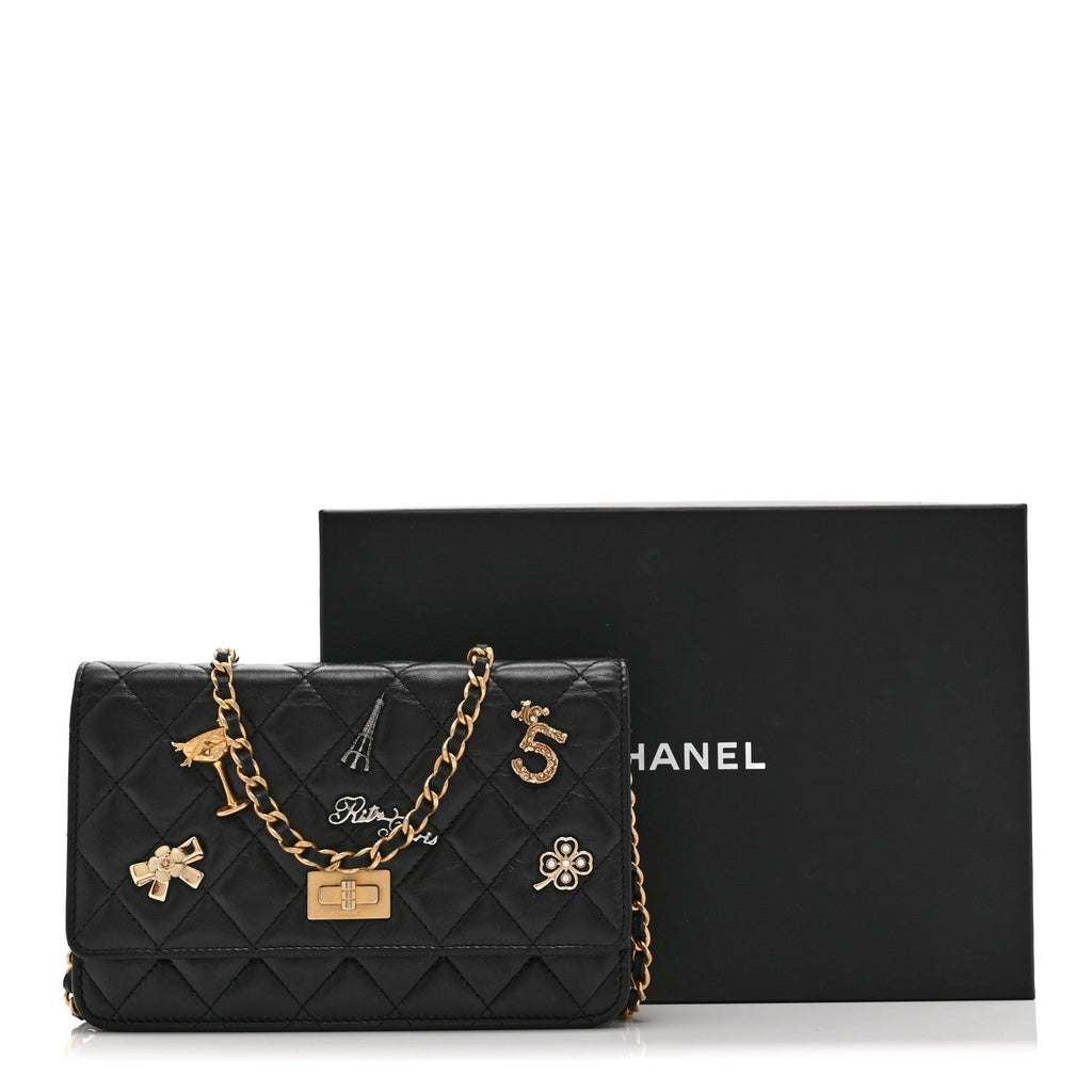 Aged Calfskin Quilted Lucky Charms 2.55 Reissue Wallet On Chain WOC Black