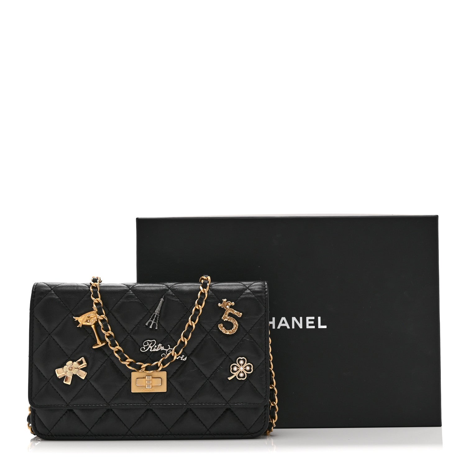 Aged Calfskin Quilted Lucky Charms 2.55 Reissue Wallet On Chain WOC Black