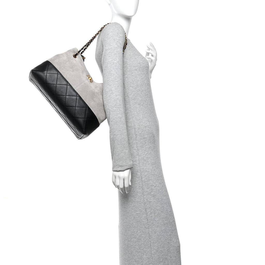 Suede Calfskin Shiny Lambskin Quilted Small Coco Base Shopping Bag Grey Black