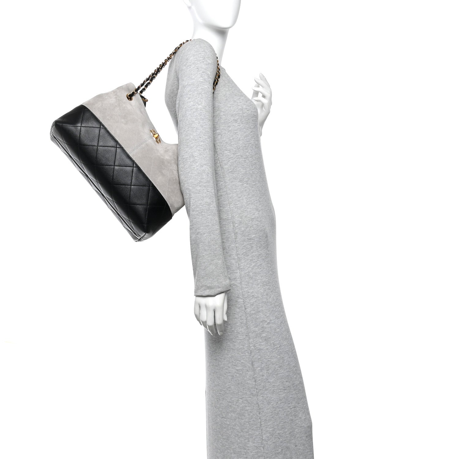 Suede Calfskin Shiny Lambskin Quilted Small Coco Base Shopping Bag Grey Black