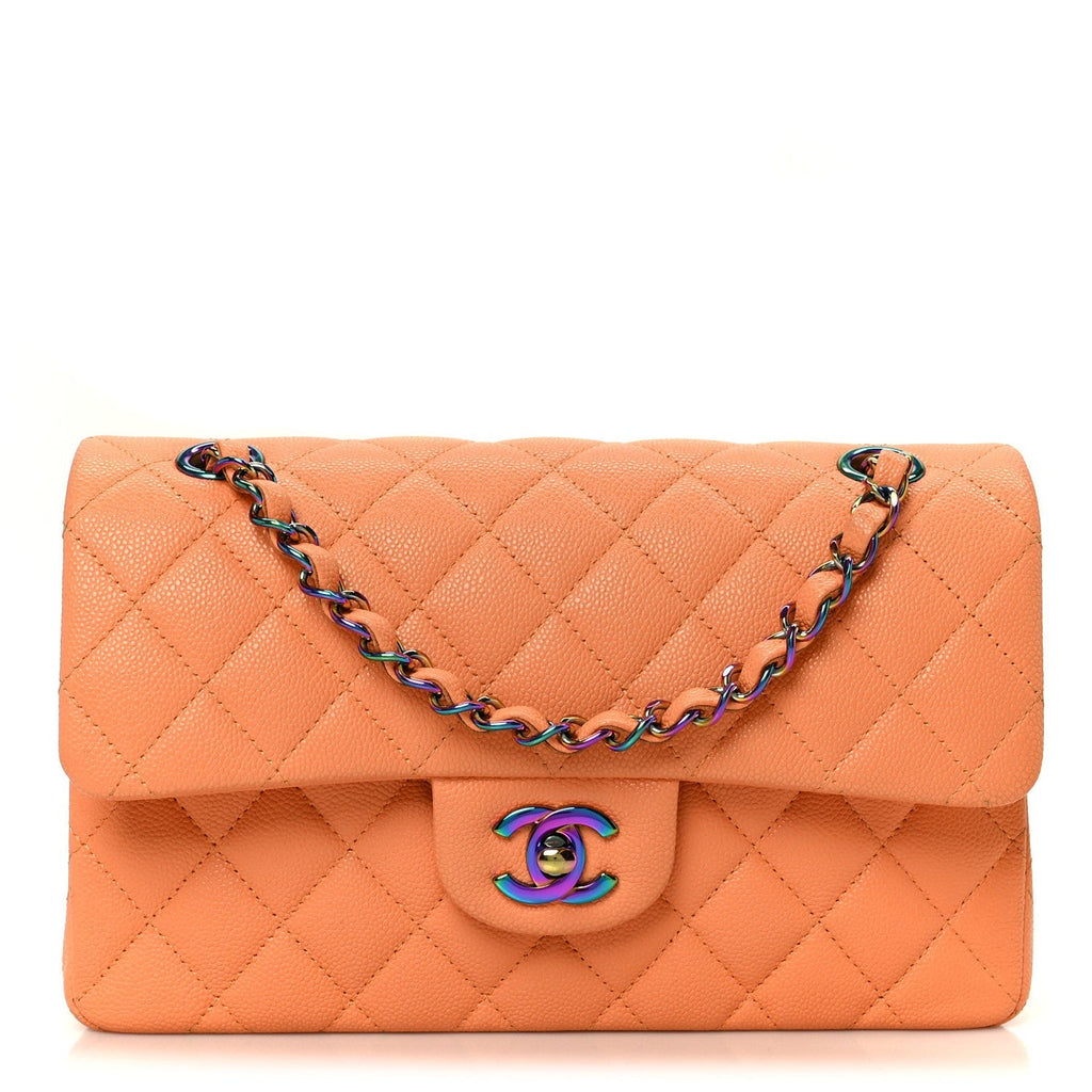 Caviar Quilted Rainbow CC Small Double Flap Orange