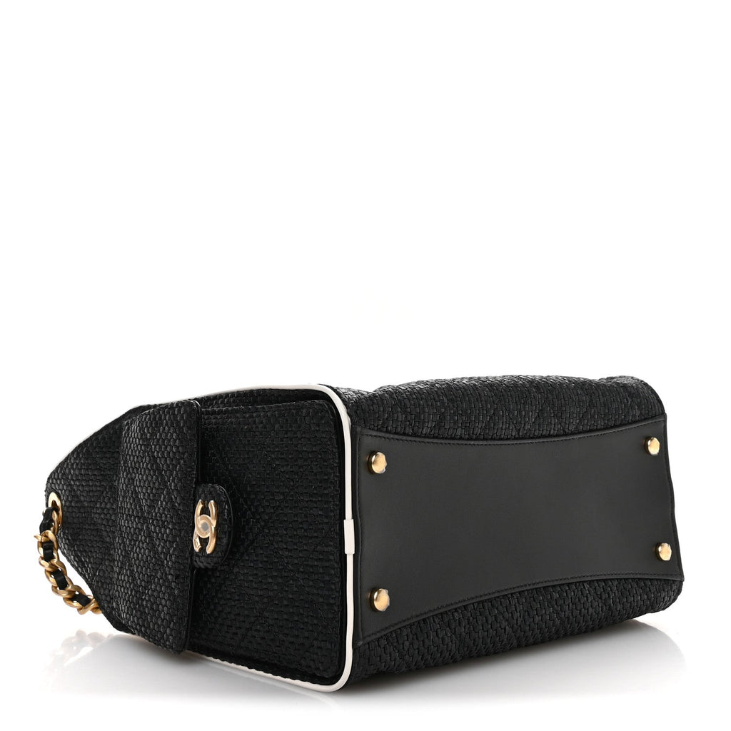 Braided Raffia Calfskin Small Chanel 25 Handbag Black White