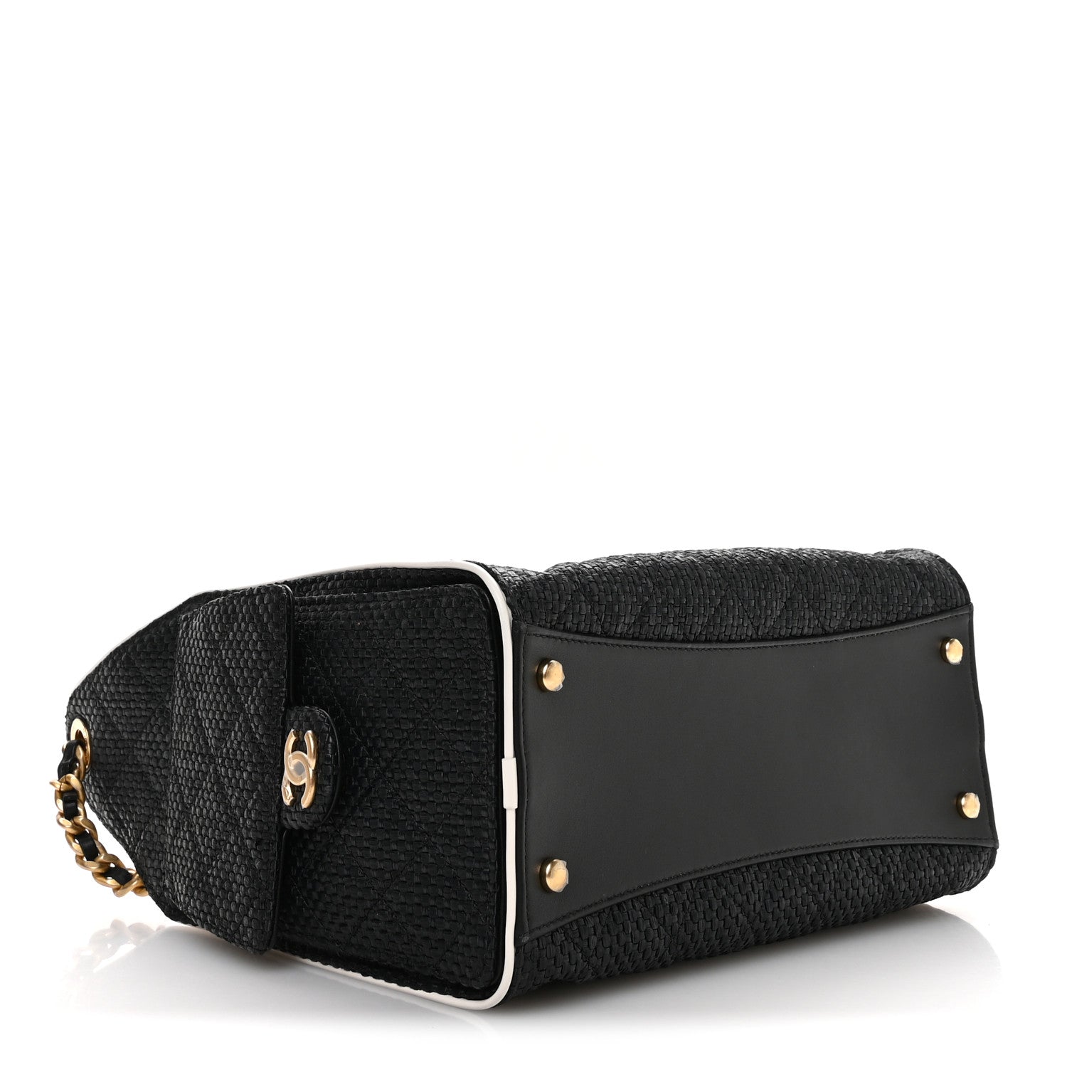 Braided Raffia Calfskin Small Chanel 25 Handbag Black White