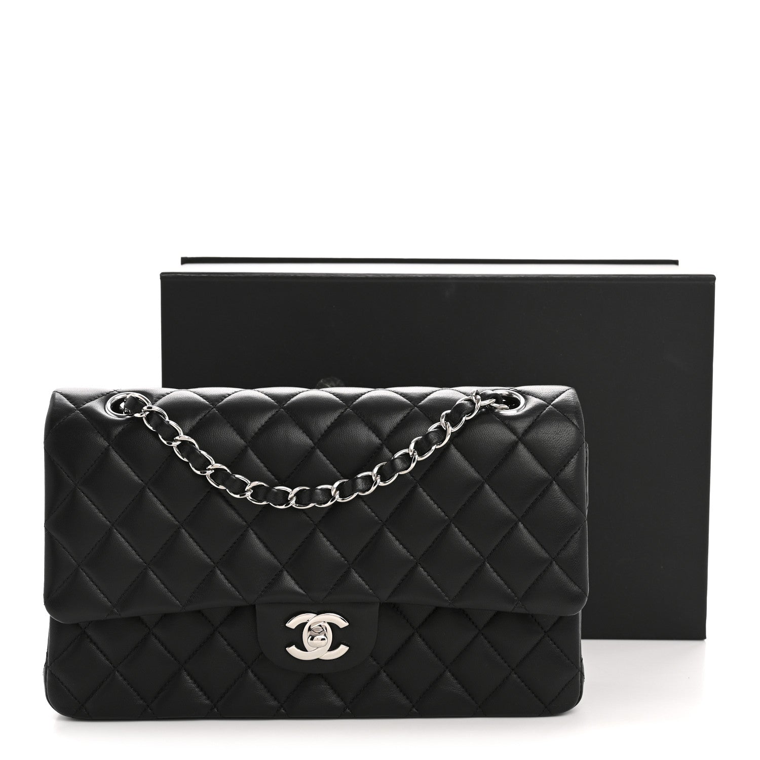 Lambskin Quilted Medium Double Flap Black
