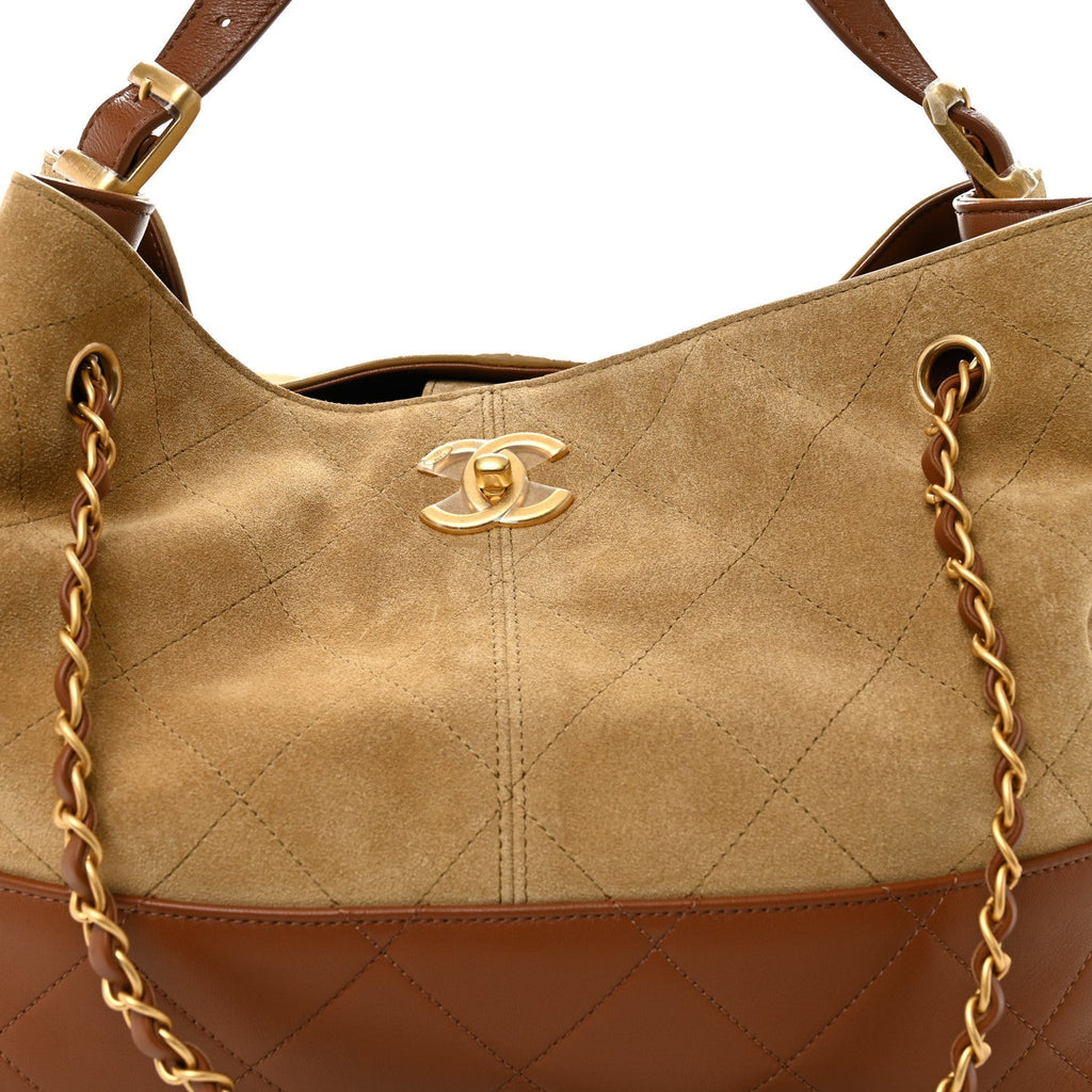 Suede Calfskin Shiny Lambskin Quilted Small Coco Base Shopping Bag Beige Brown