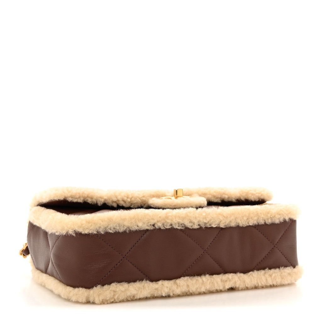 Shearling Lambskin Quilted Furry Coco Flap Dark Brown Beige
