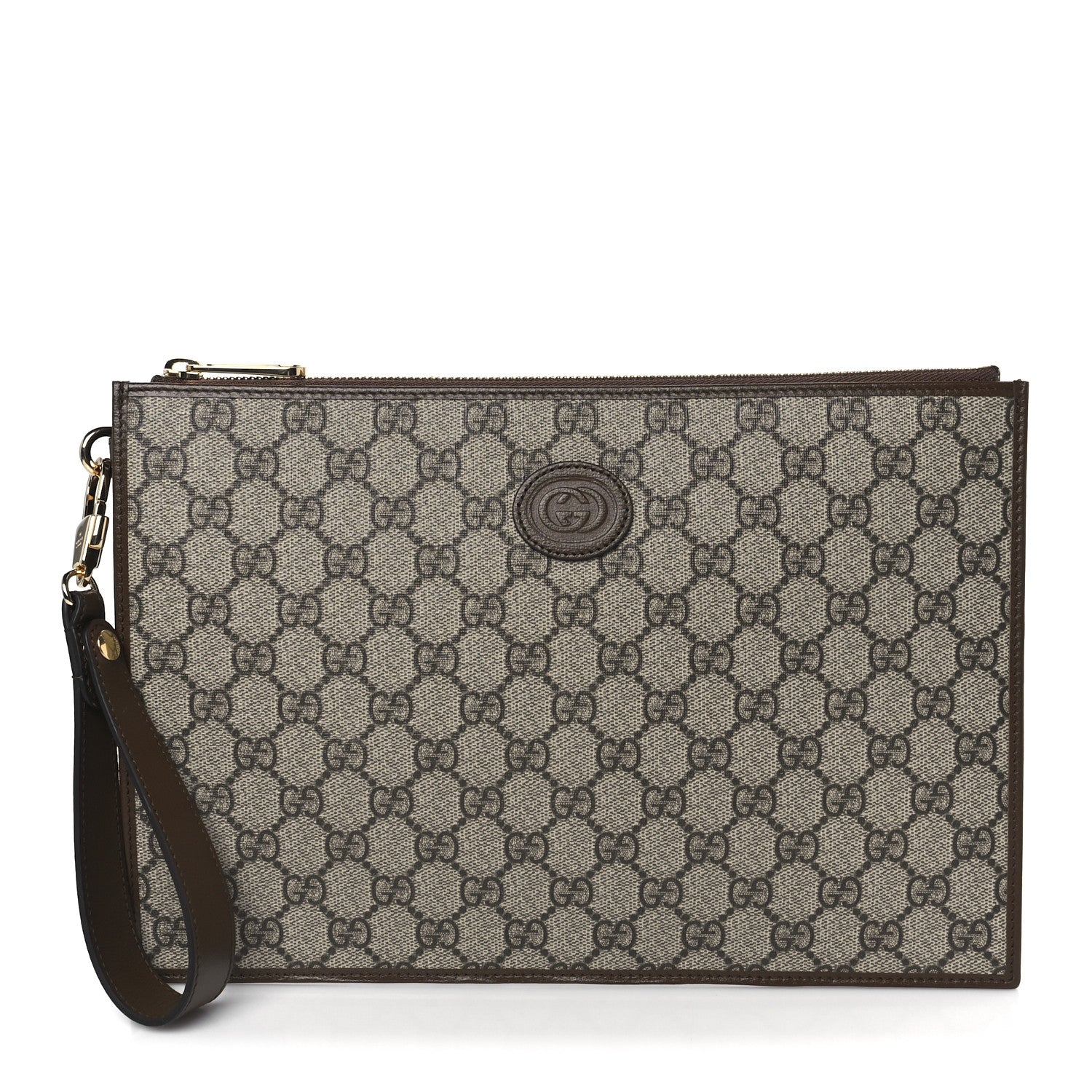 GG Supreme Monogram Azalea Calfskin Retro Interlocking G Wristlet Pouch Beige Ebony Brown Sugar