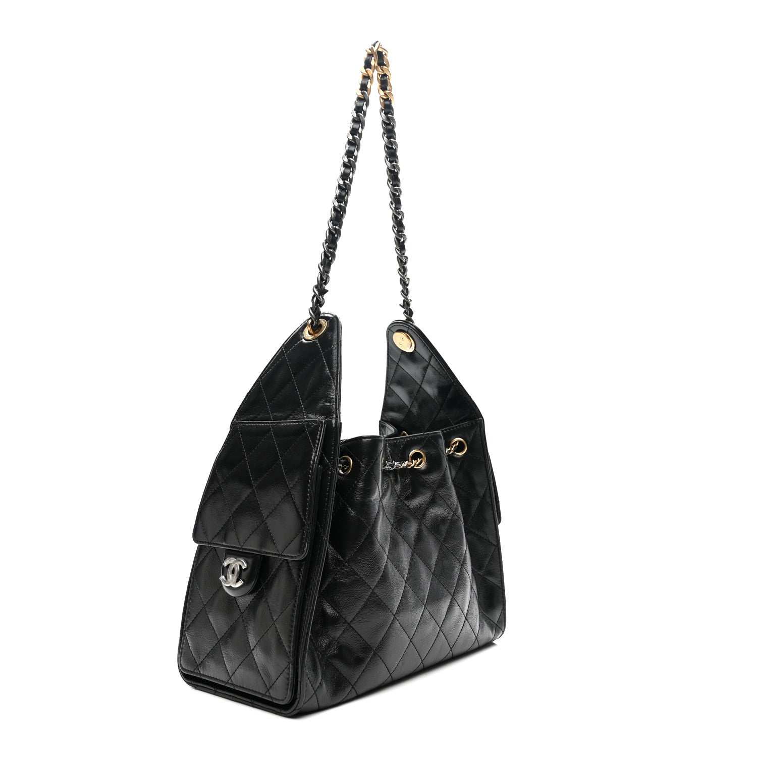Shiny Crumpled Calfskin Quilted Small Chanel 25 Handbag Black