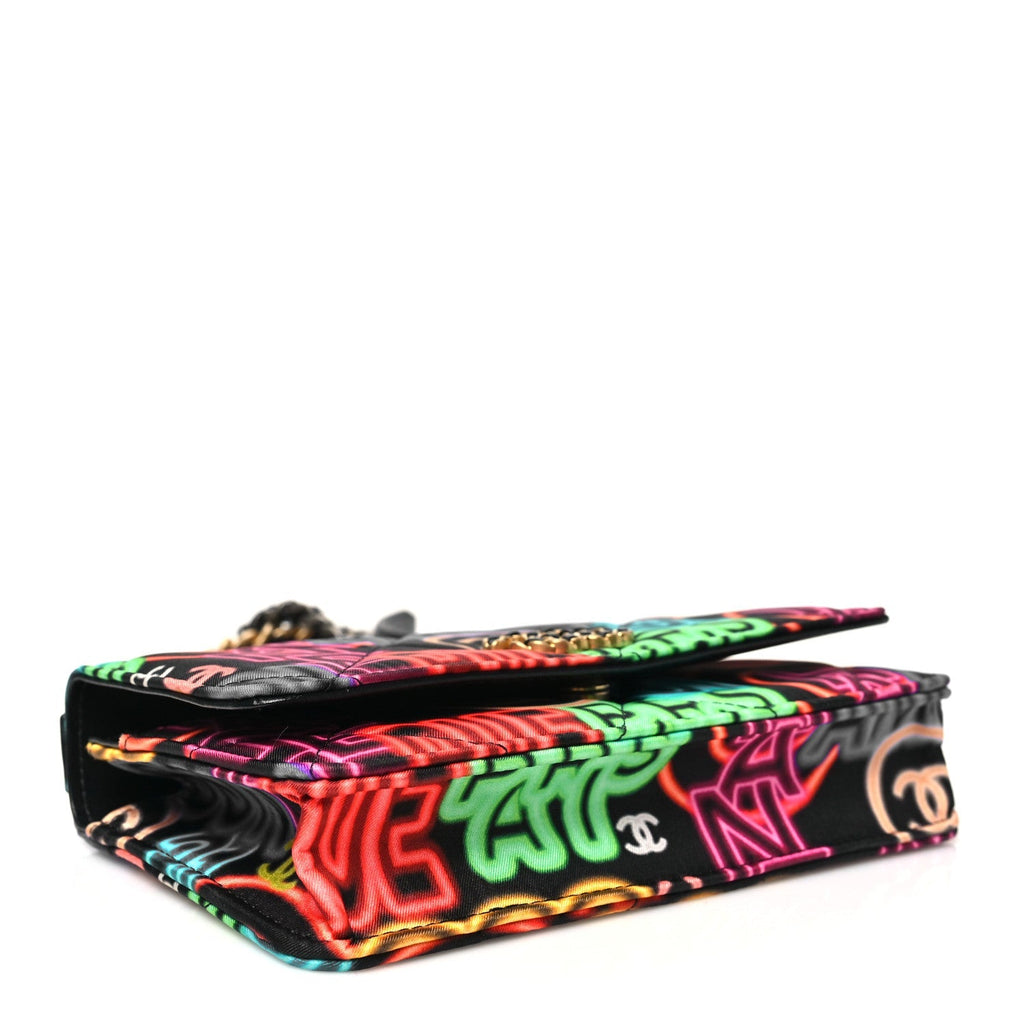 Fabric Printed Chanel 19 Wallet On Chain WOC Black Multicolor