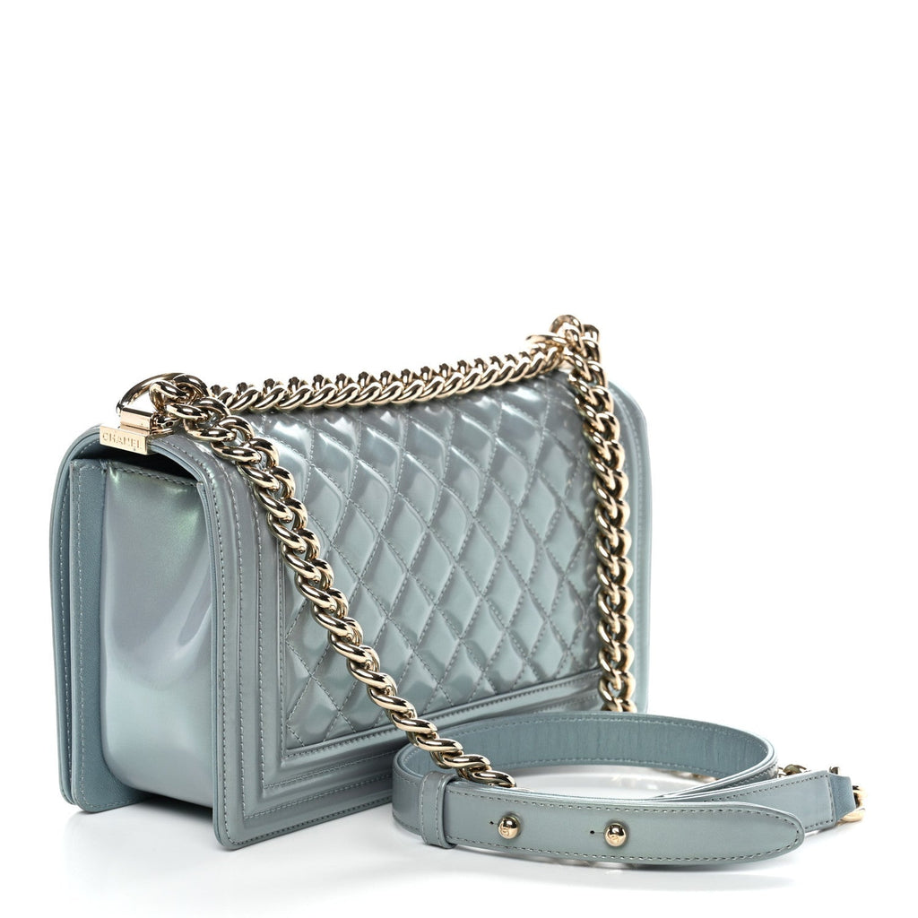 Iridescent Patent Calfskin Quilted Medium Boy Flap Light Blue