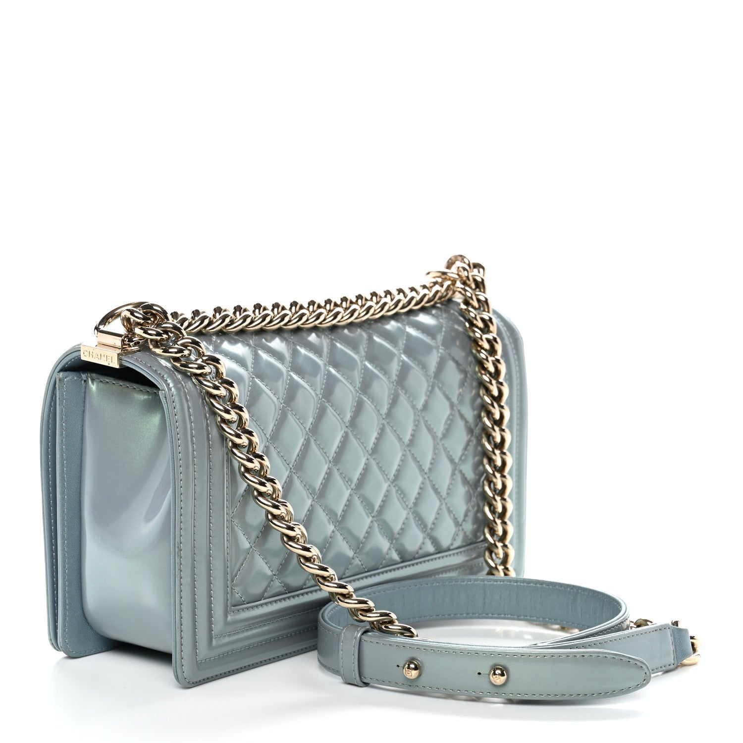 Iridescent Patent Calfskin Quilted Medium Boy Flap Light Blue