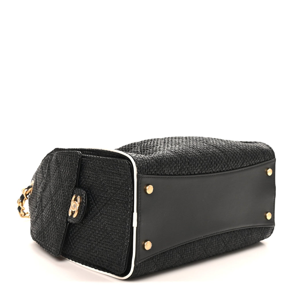 Braided Raffia Calfskin Quilted Small Chanel 25 Handbag Black White