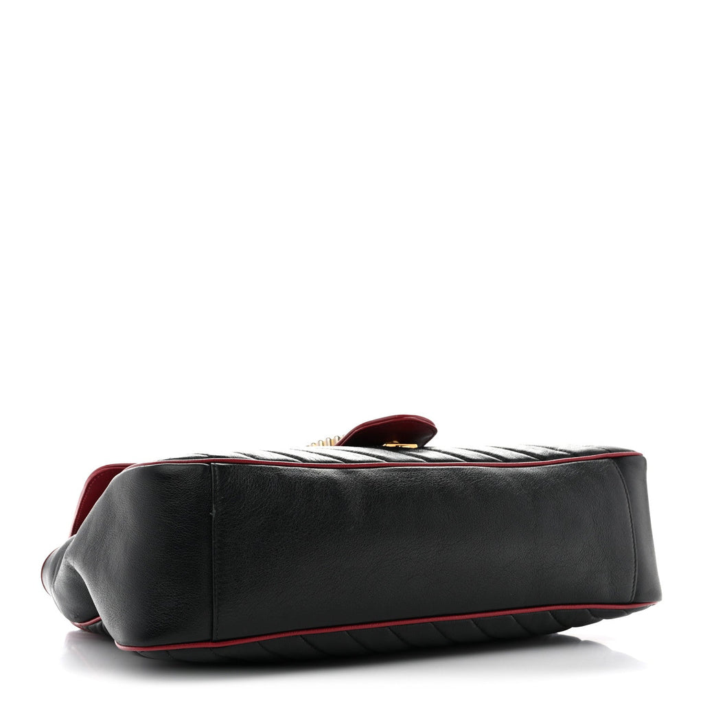 Vintage Effect Calfskin Matelasse Diagonal Large Torchon GG Marmont Shoulder Bag Black Romantic Cherry