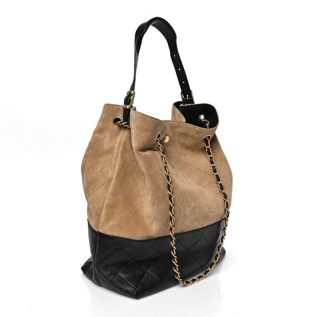 Suede Shiny Lambskin Quilted Large Shopping Bag Beige Black