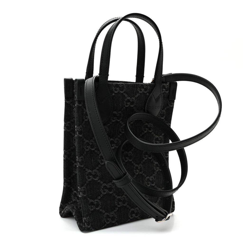 Denim Cuoio Harness GG Monogram Mini Ophidia Tote Bag Black Medium Grey