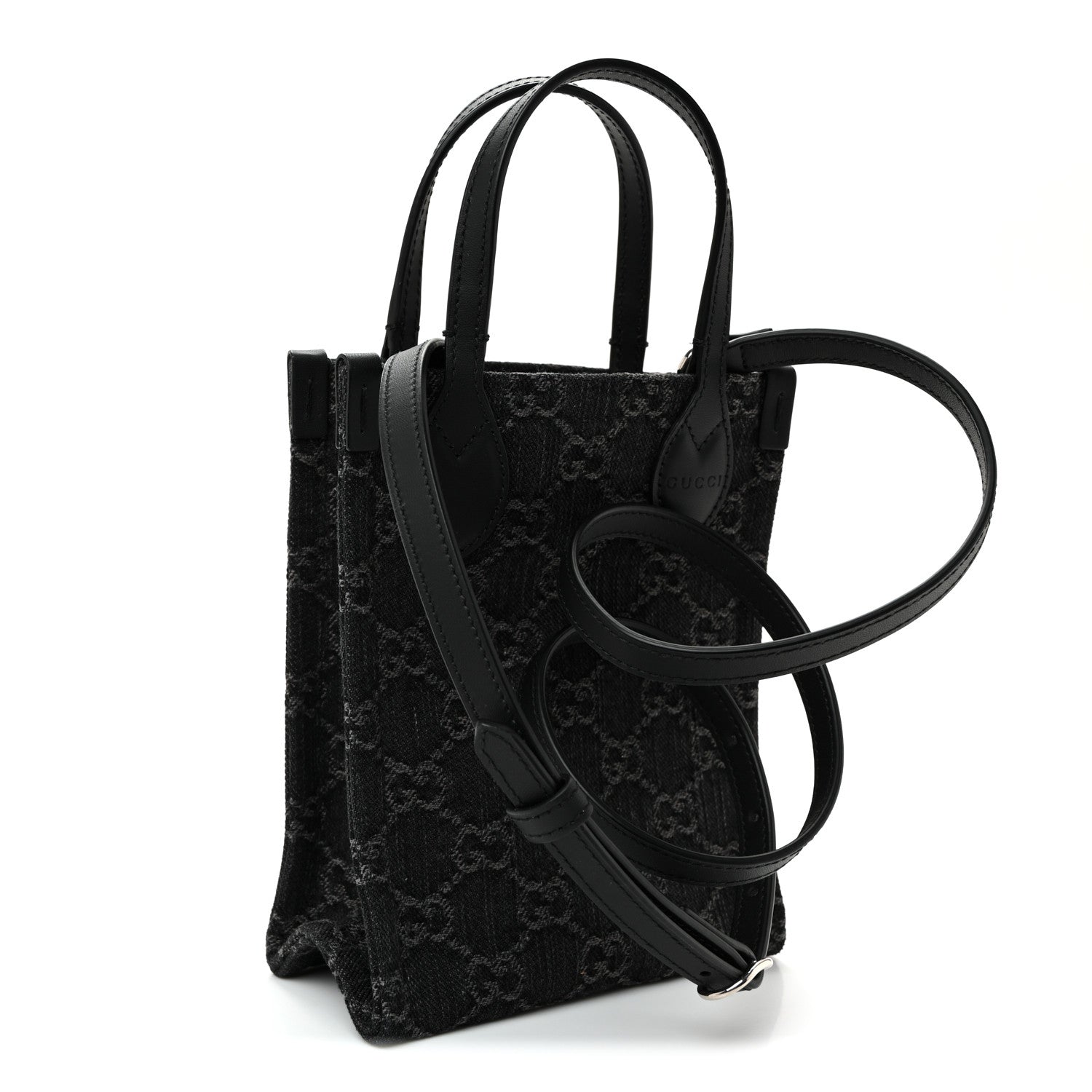 Denim Cuoio Harness GG Monogram Mini Ophidia Tote Bag Black Medium Grey