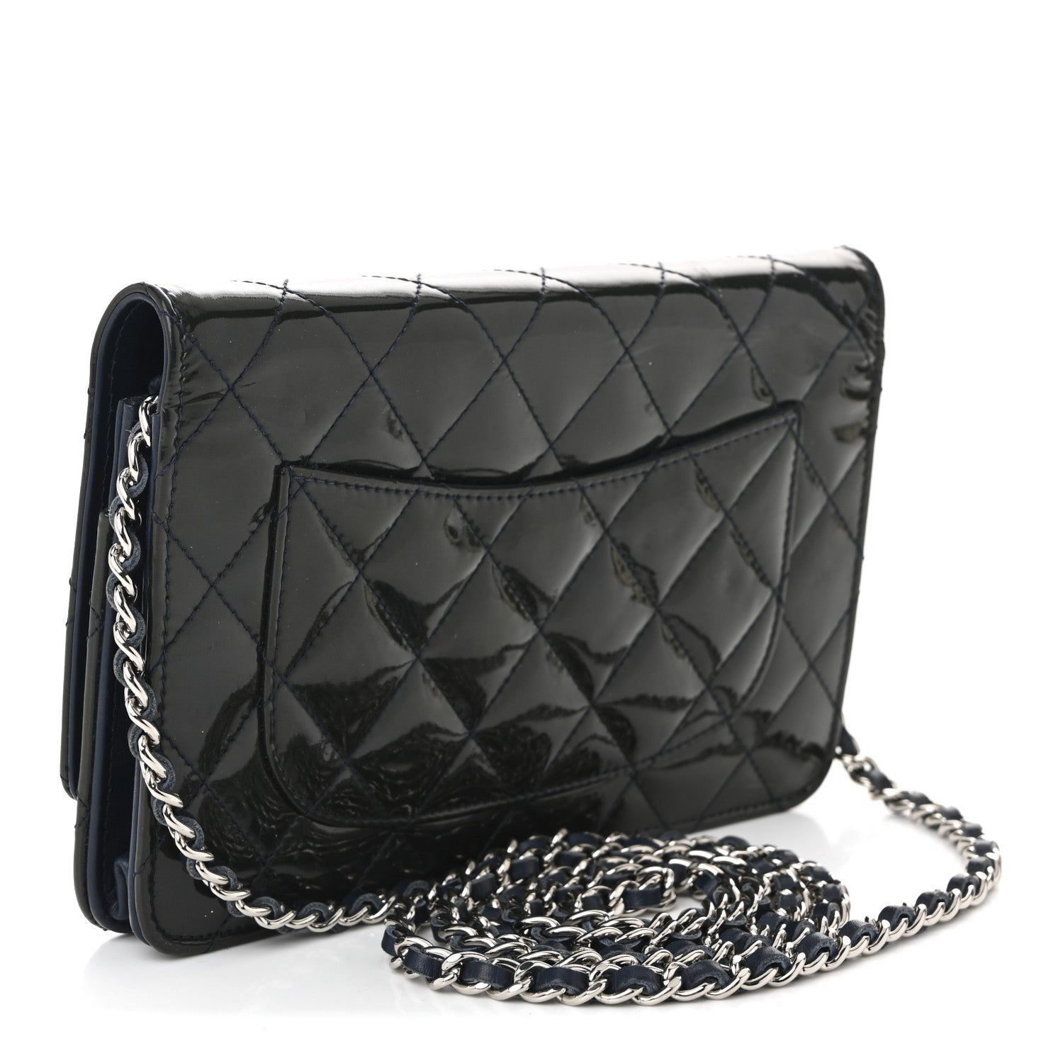 Patent Quilted Wallet On Chain WOC Navy Blue