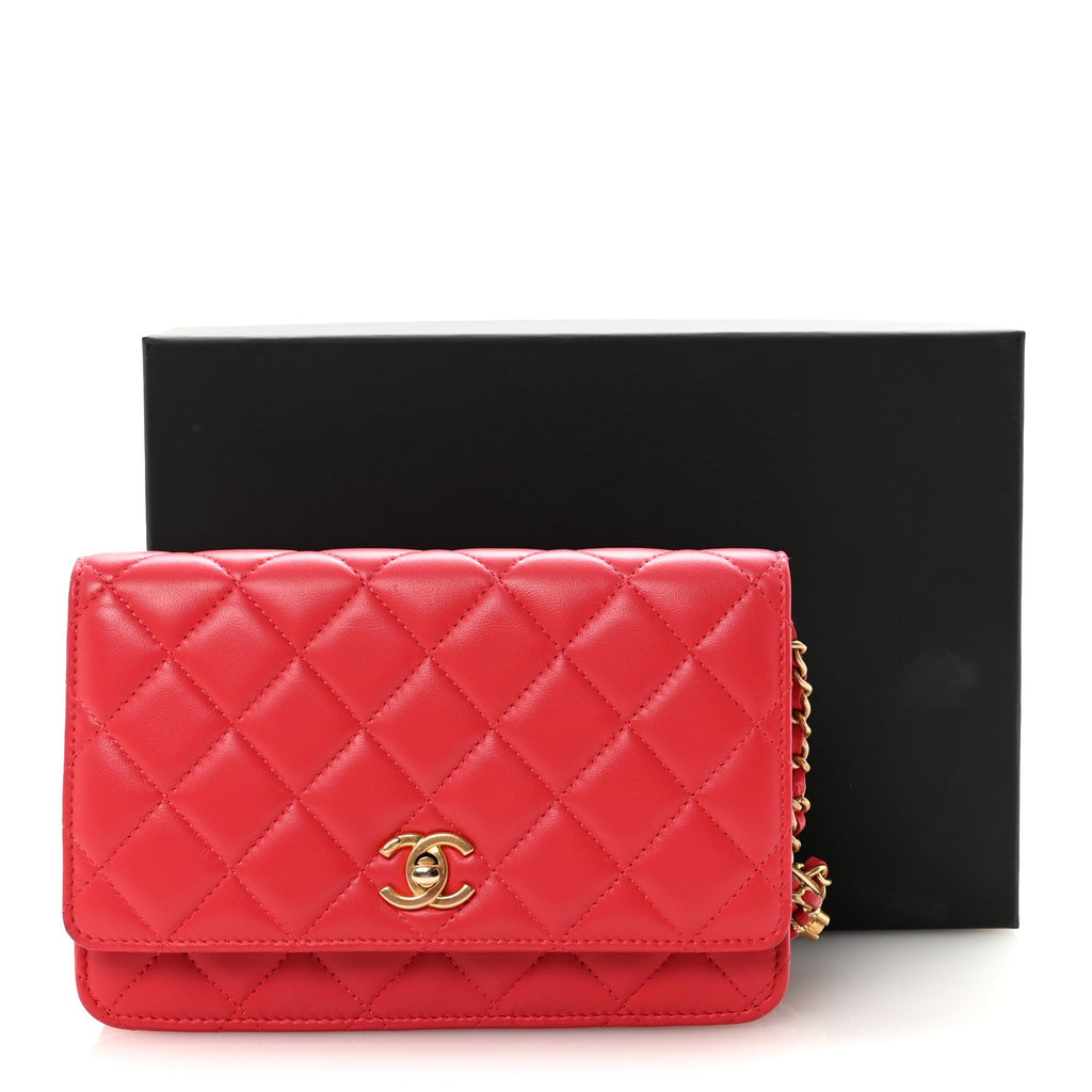Lambskin Quilted CC Pearl Crush Wallet on Chain WOC Red