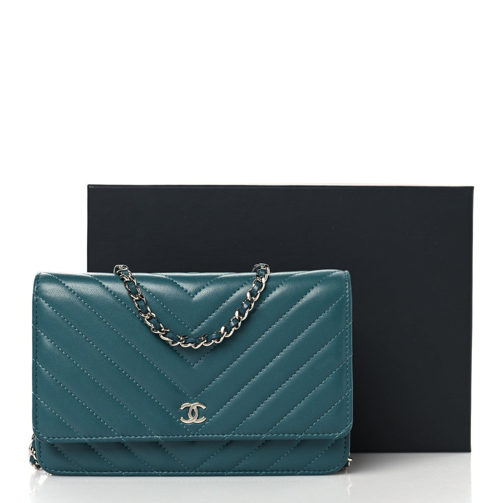 Lambskin Chevron Quilted Wallet On Chain WOC Turquoise