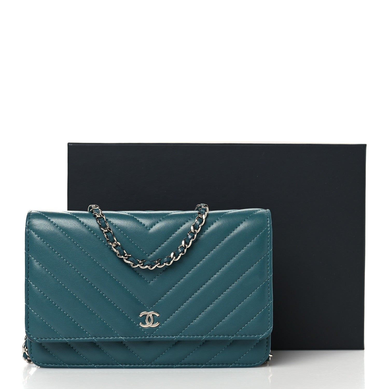 Lambskin Chevron Quilted Wallet On Chain WOC Turquoise