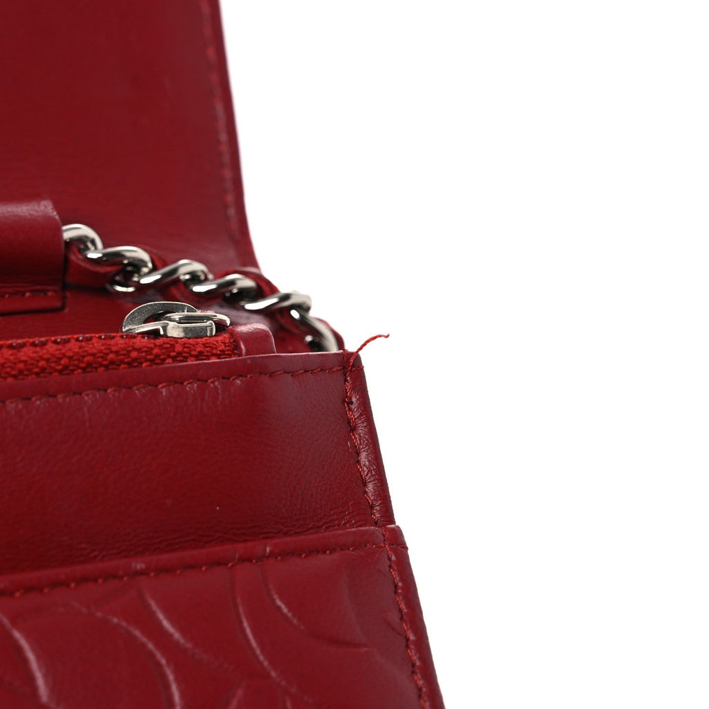 Lambskin Camellia Embossed Wallet on Chain WOC Red