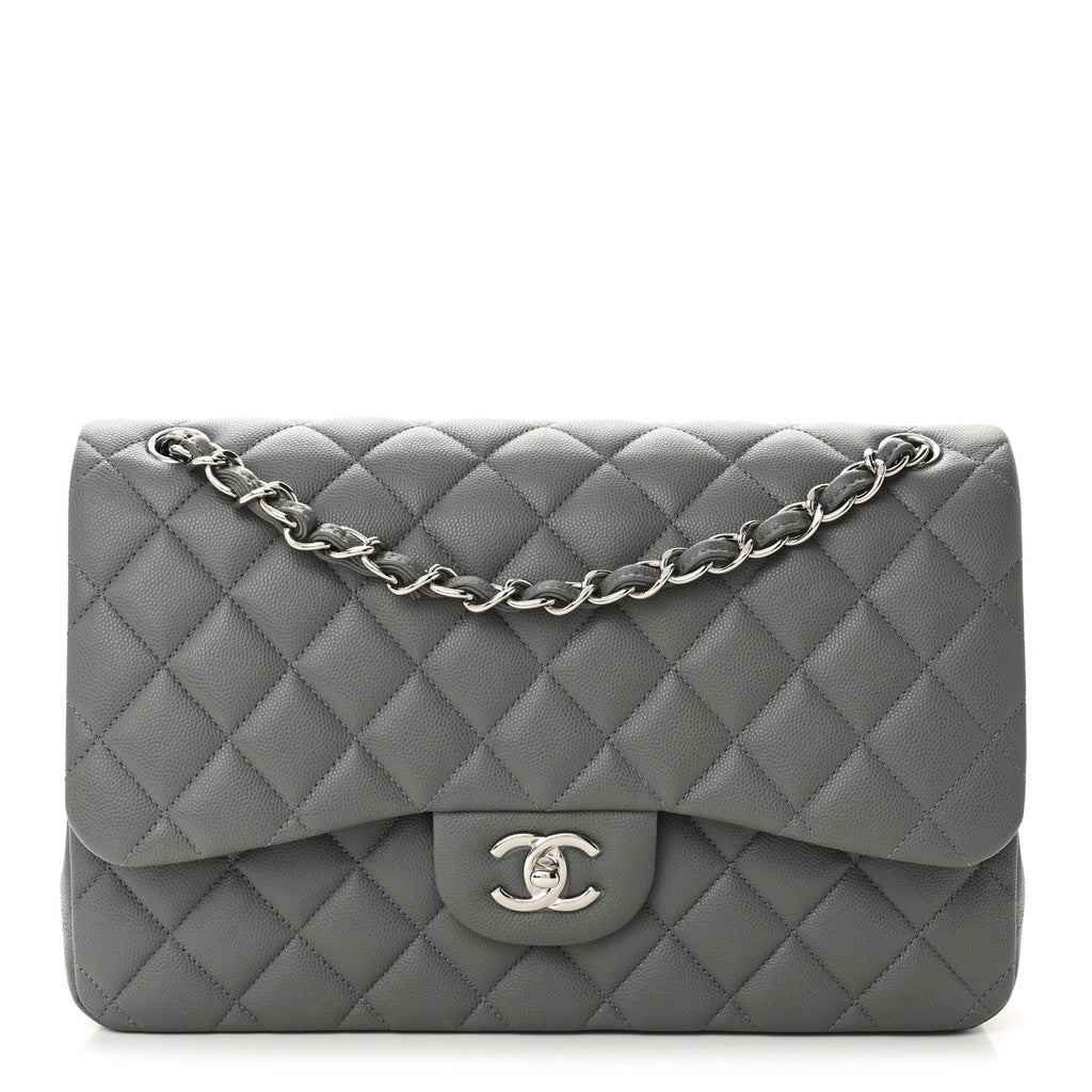 Caviar Quilted Jumbo Double Flap Grey
