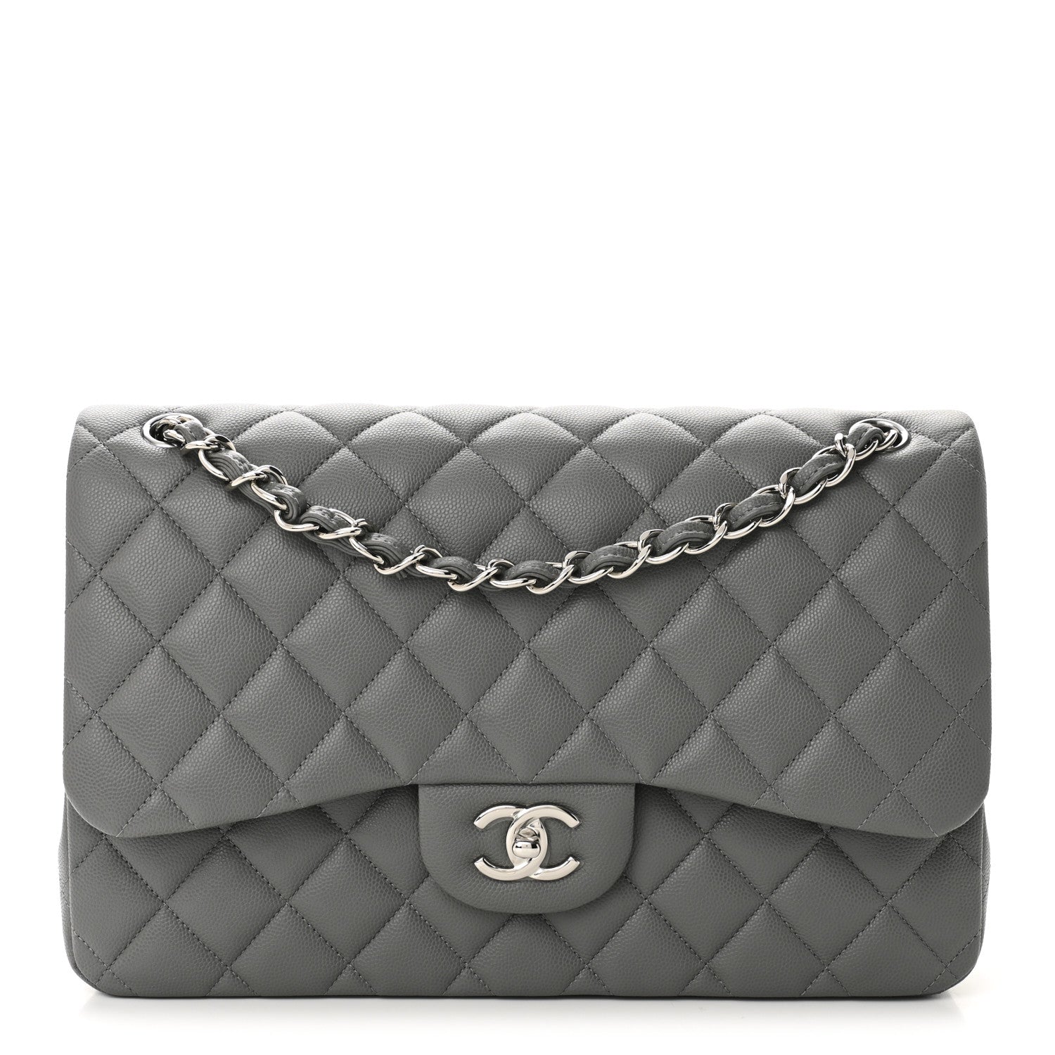 Caviar Quilted Jumbo Double Flap Grey
