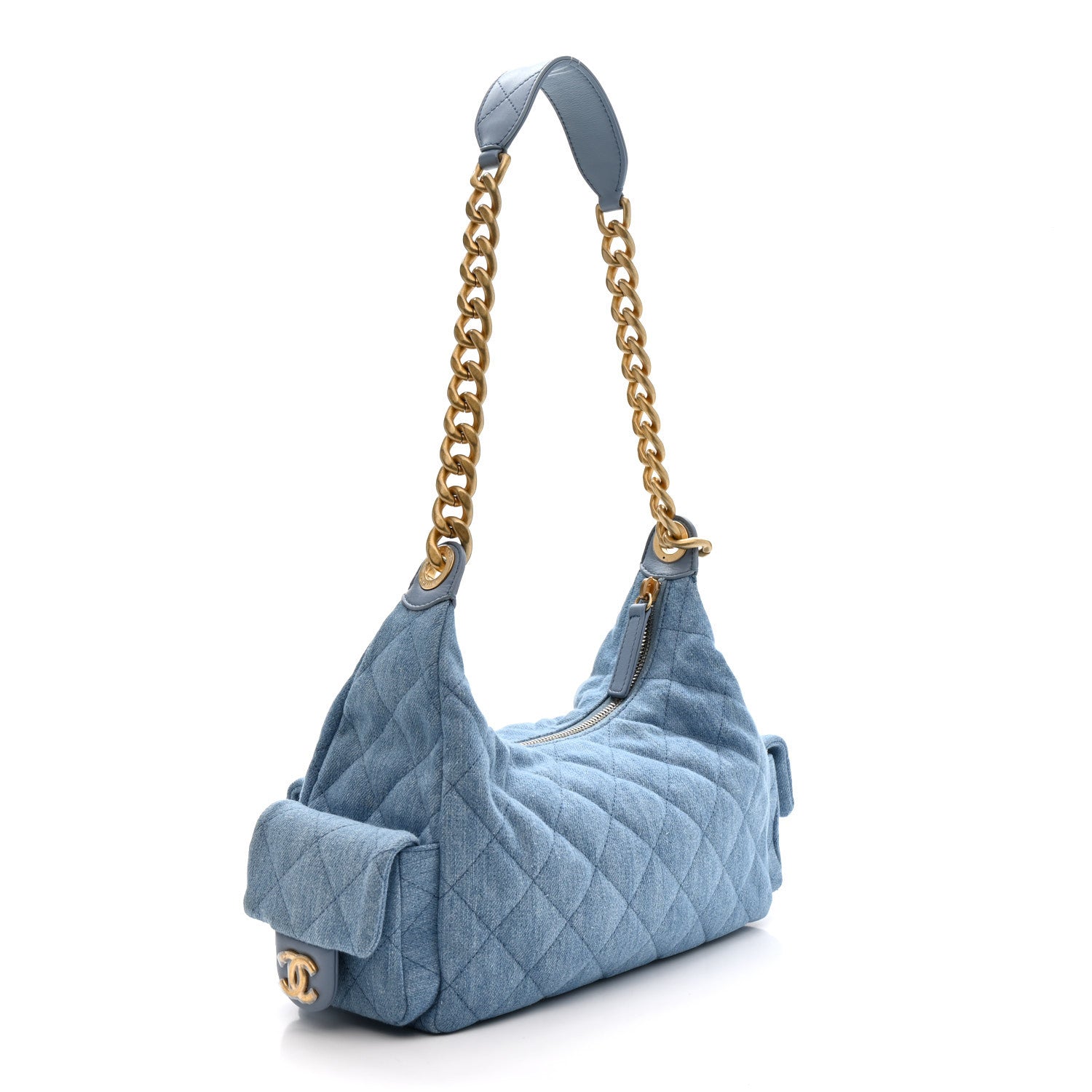 Washed Denim Quilted Large Trendy Pockets Hobo Blue