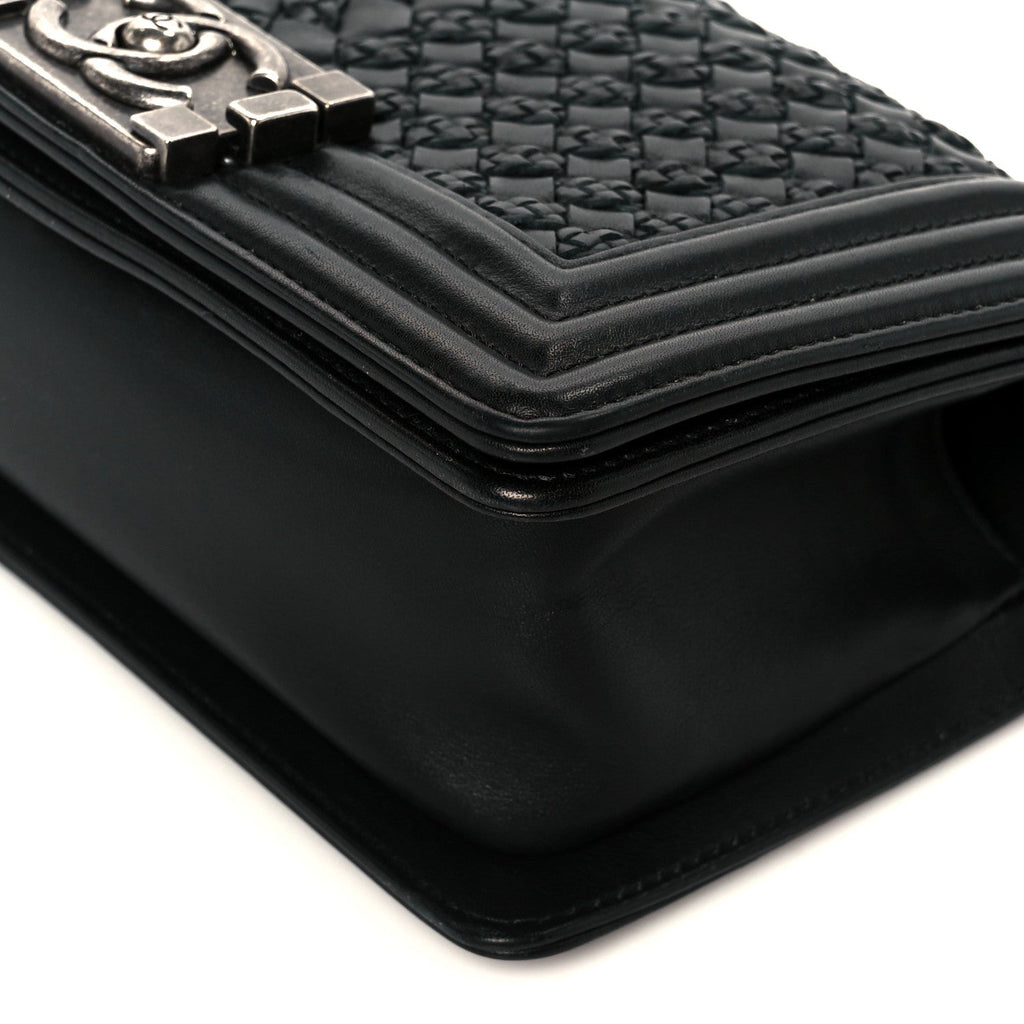 Lambskin Braided Woven Small Boy Flap Black