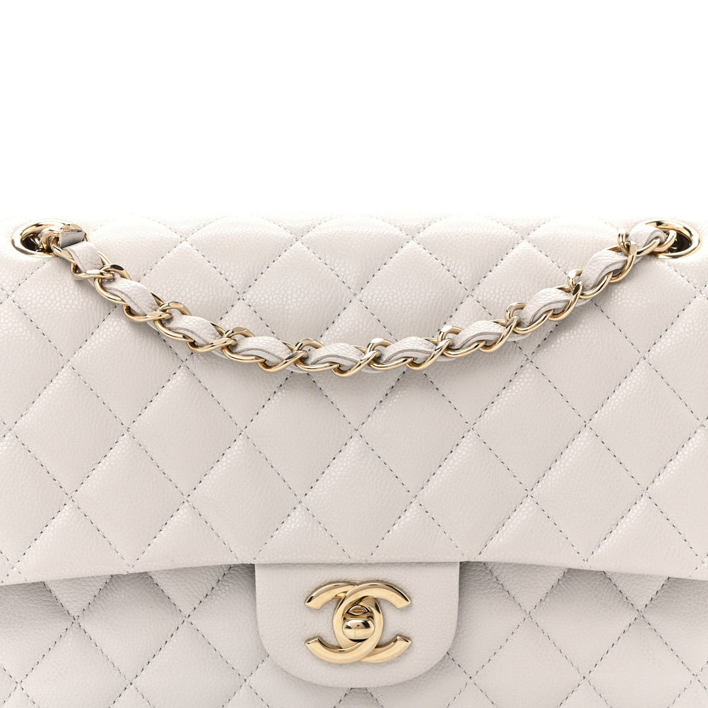 Caviar Quilted Medium Double Flap Light Grey