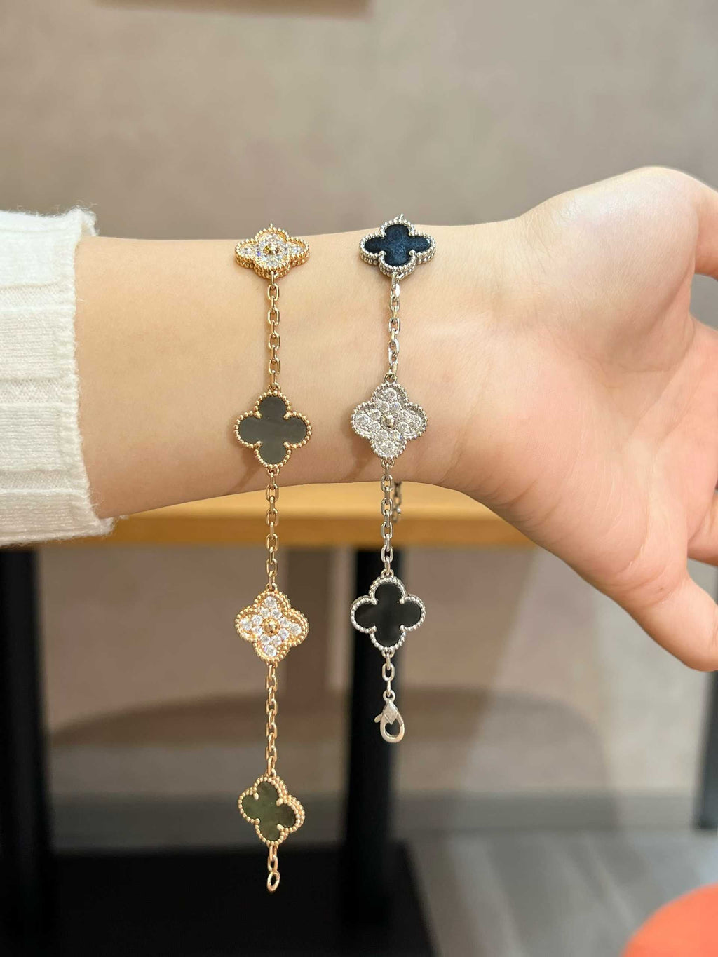 VCA VINTAGE ALHAMBRA BRACELET5 MOTIFS DIAMONDS ONYX 18K WHITE GOLD