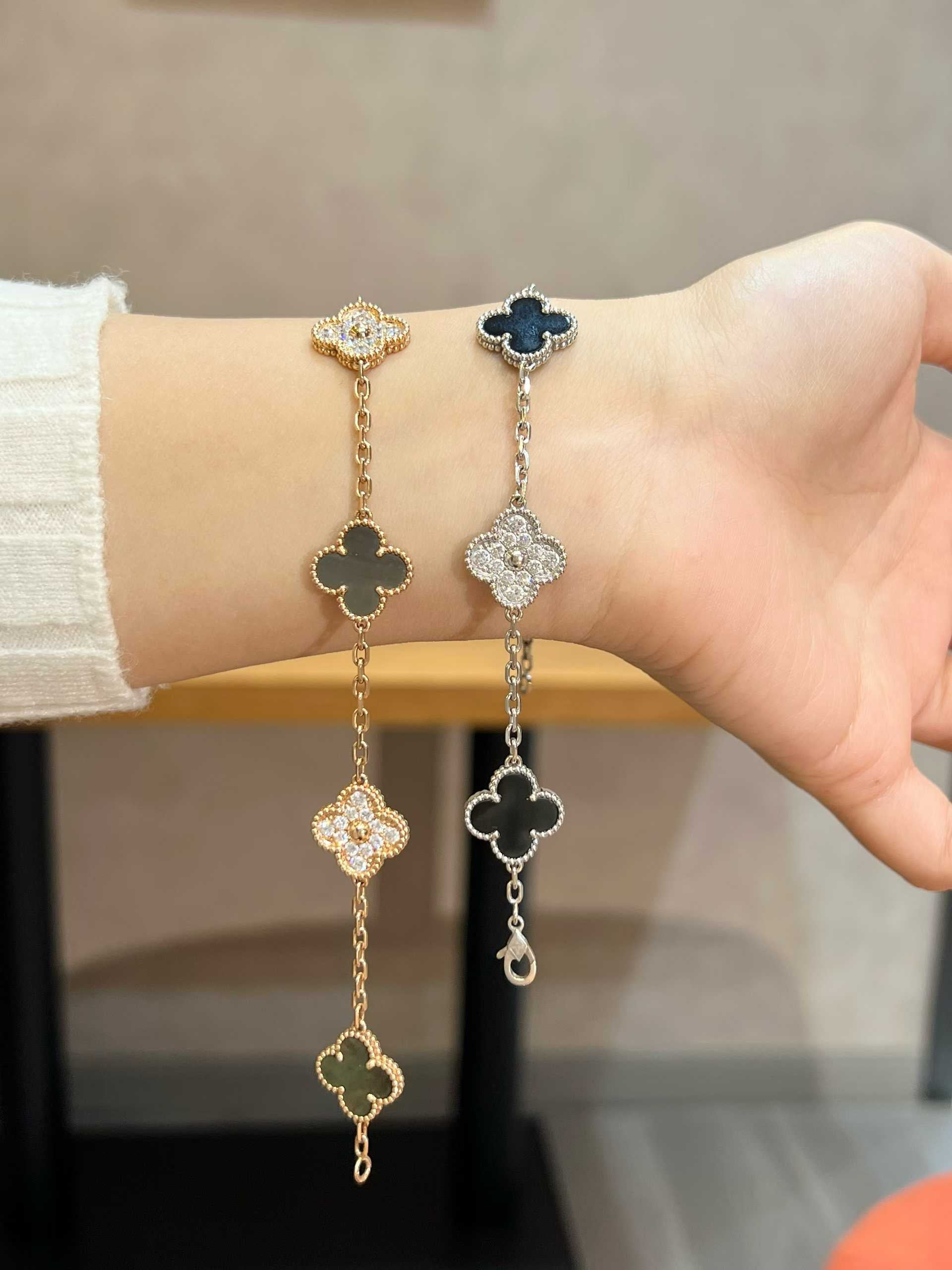 VCA VINTAGE ALHAMBRA BRACELET5 MOTIFS DIAMONDS ONYX 18K WHITE GOLD