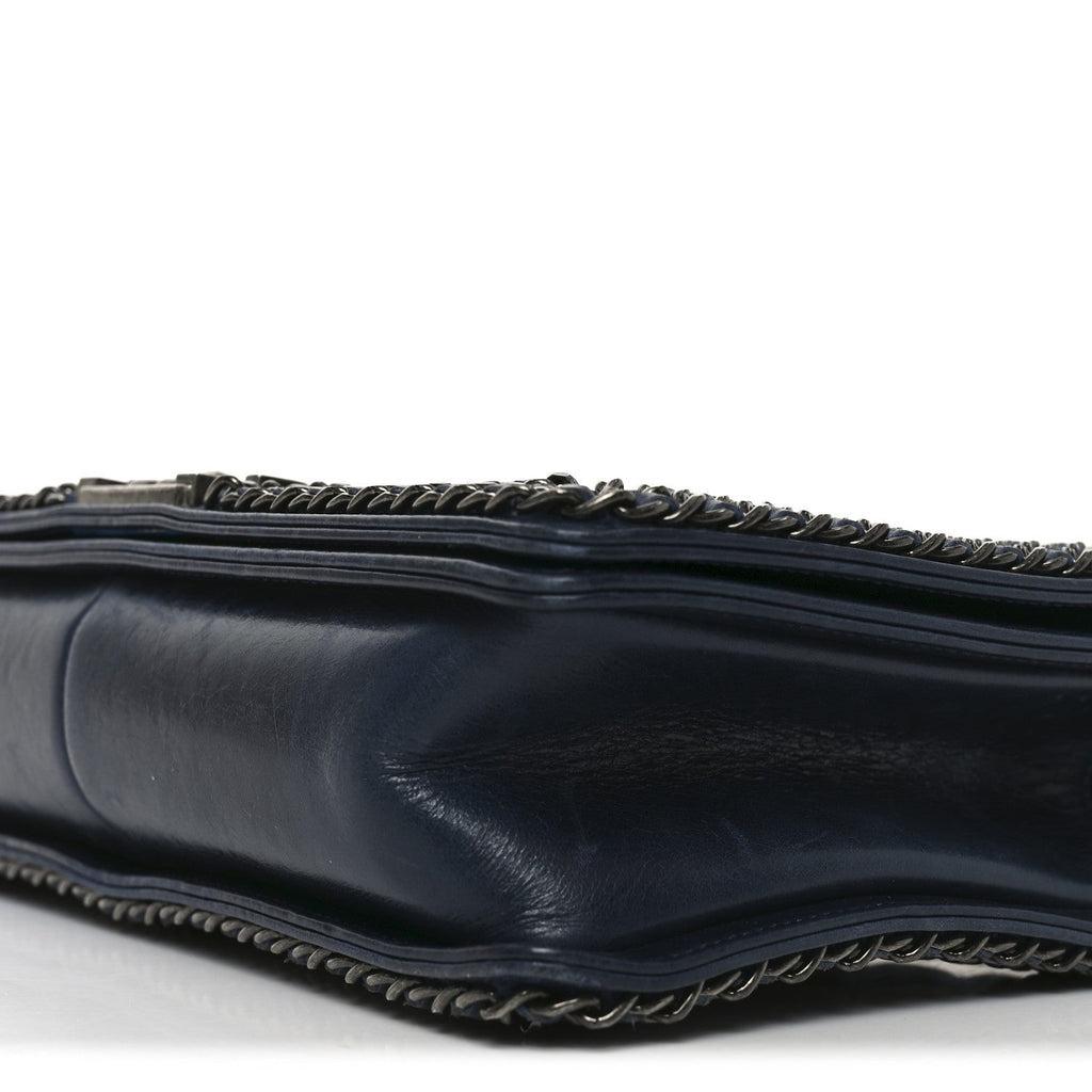 Glazed Calfskin Quilted New Medium Boy Chained Flap Navy