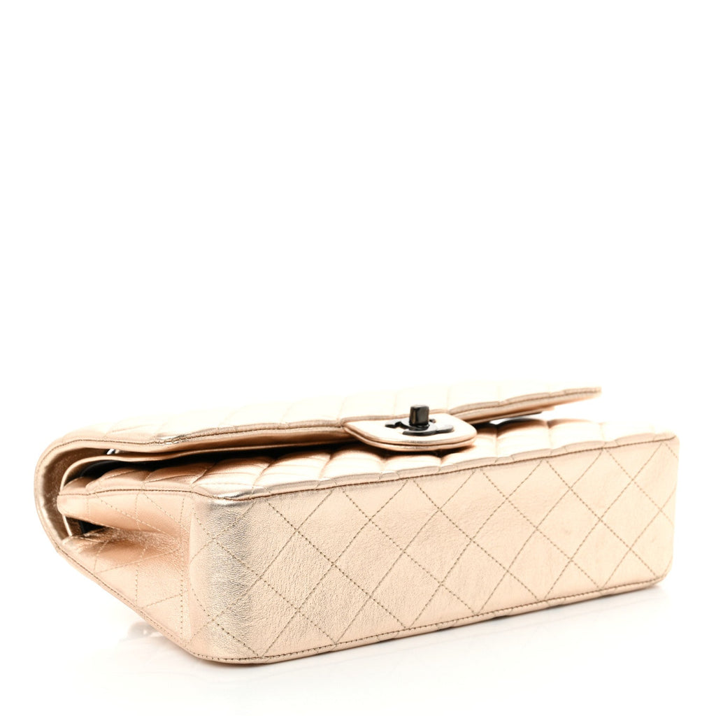 Metallic Lambskin Quilted Medium Double Flap Gold Black