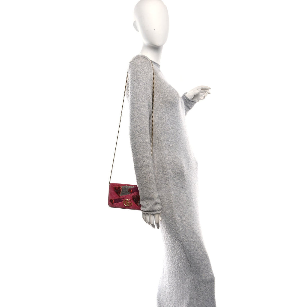 Velvet Matelasse Crystal Sequin Heart Embroidered GG Marmont Mini Bag Light Raspberry Rose