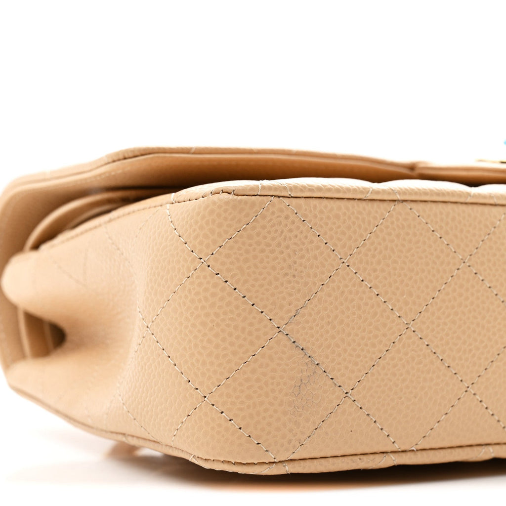 Caviar Quilted Medium Double Flap Beige