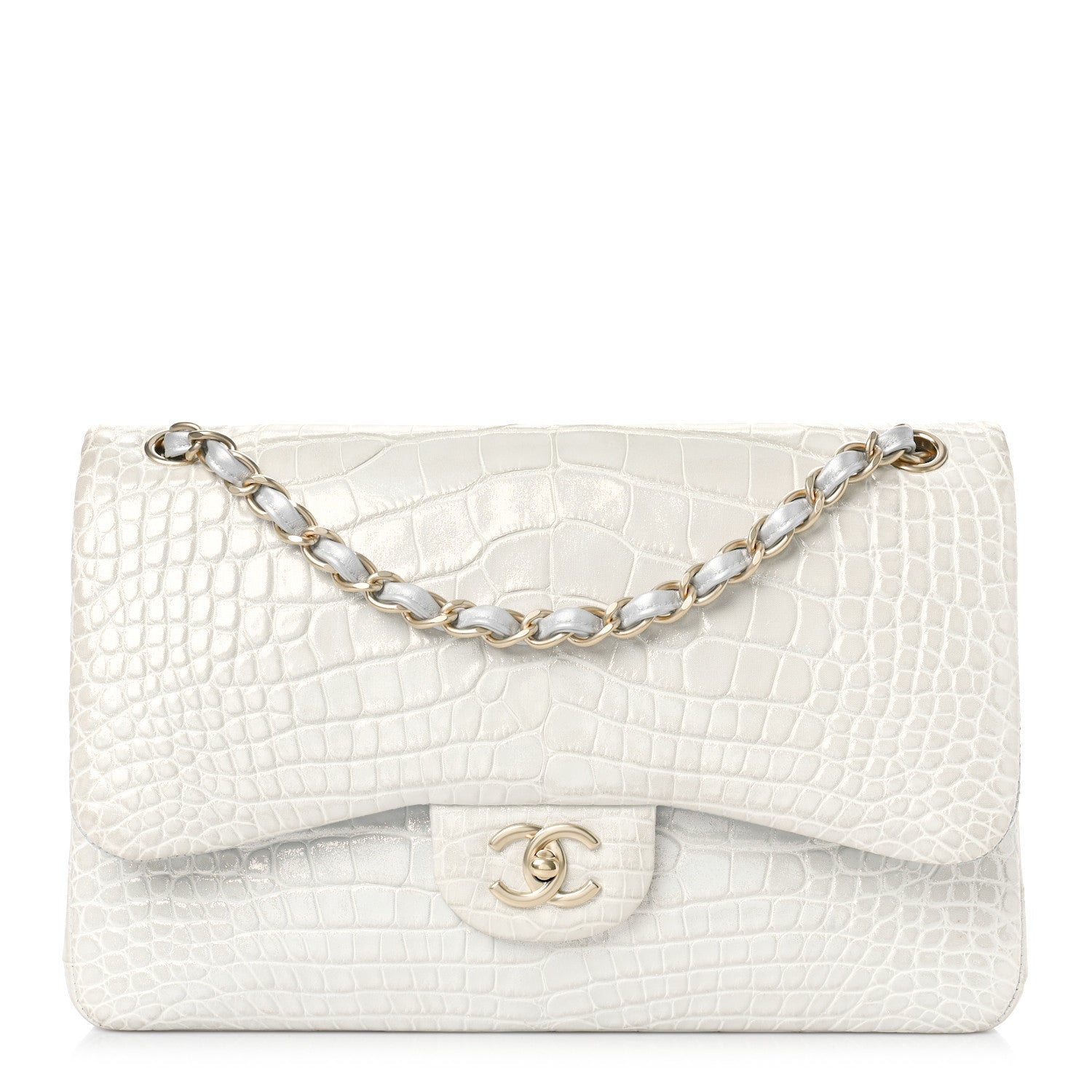 Iridescent Alligator Jumbo Double Flap Light Grey