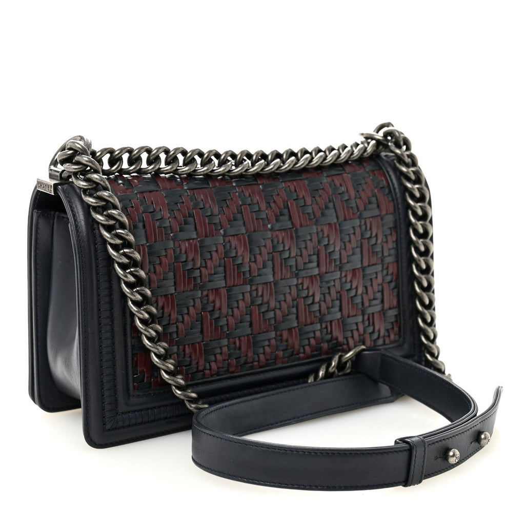 Calfskin Woven Medium Boy Flap Blue Burgundy