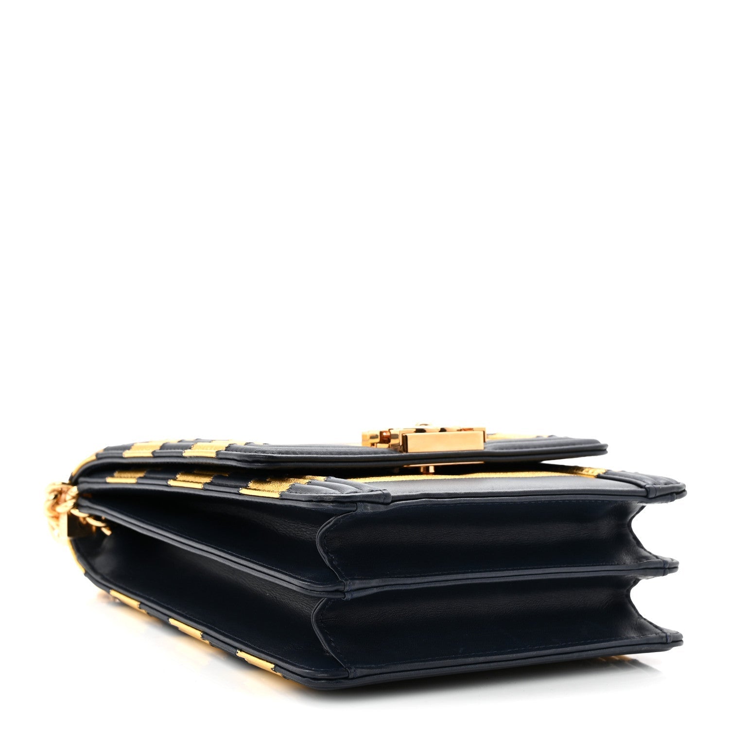 Metallic Lambskin Striped North South Boy Flap Navy Gold